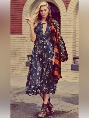 Free People Navy Blue Floral Butterfly print Dress